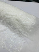 Wavy Floral Beaded Fabric - White - Geometric Beaded Sequins Embroidered Fabric Sold By Yard