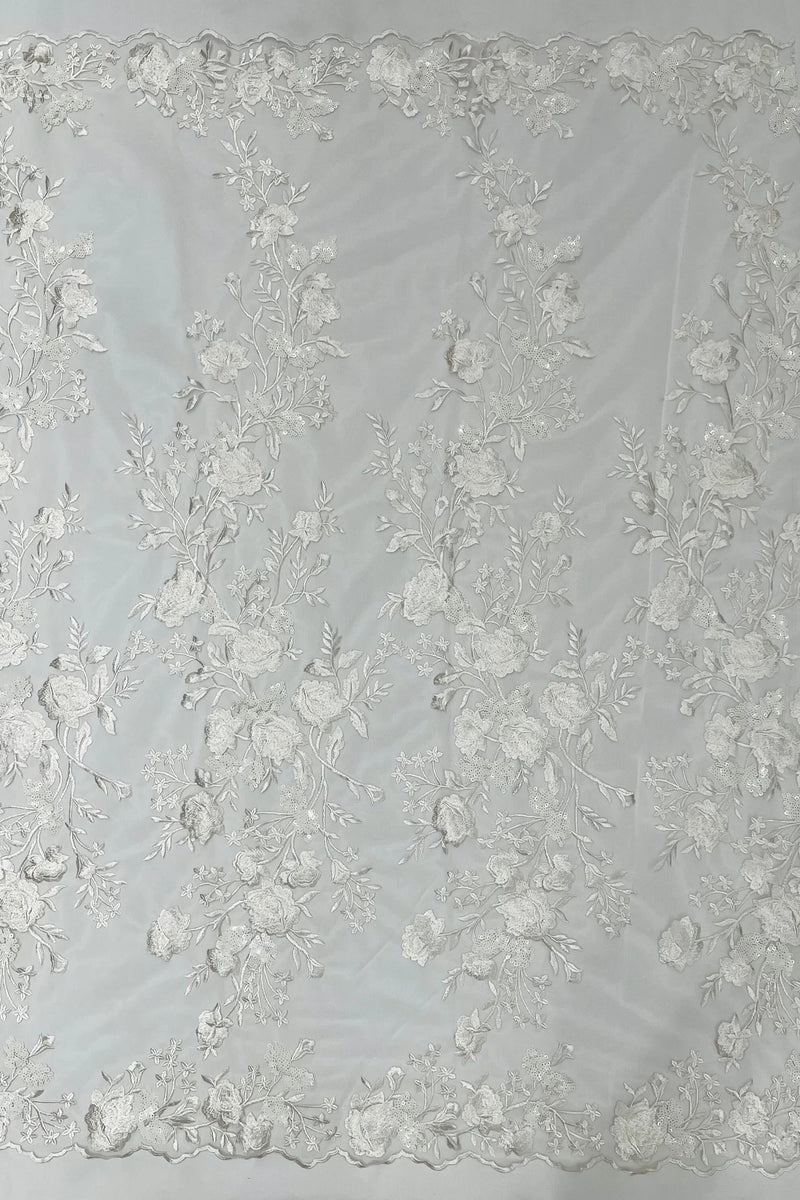 Rose Plant Design Sequins Fabric - White - Embroidered Sequins Rose Pattern on Lace By Yard