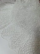 Beaded Embroidered Fabric - White - Embroidered Heart and Feather Pattern Fabric Sold By Yard