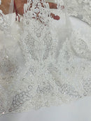 Beaded Floral Fabric - White - Luxury Bridal Floral Pattern Fabric With Beads, Sequins Sold By Yard