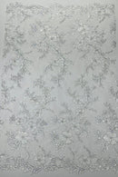 Floral Two Tone Lace Fabric - White - Sequins Embroidery Floral Lace Fabric Sold By Yard
