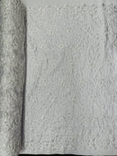 Flower Lines Bead Fabric - White - Beaded Flower Fabric with Curled Long Lines Pattern By Yard