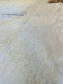 Floral Plant Bead Design - White - Beaded Flower Plants Embroidered  Sequins Fabric By Yard