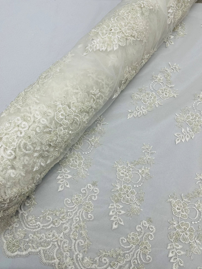 Floral Cluster Beaded Fabric - White - Embroidered Flower Beaded Fabric Sold By Yard