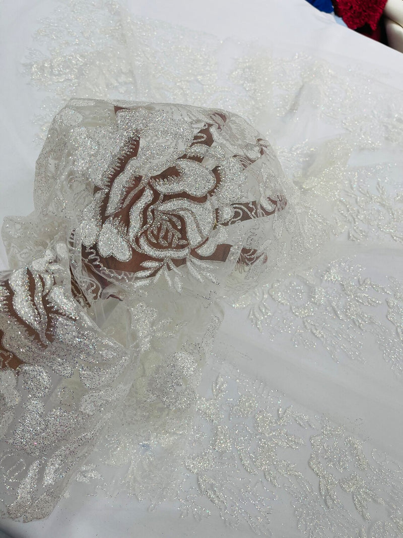 Rose Tulle Glitter Design Fabric - White - 3D Glitter Tulle Rose Plant Design Fabric By Yard