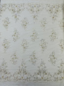 3D Rhinestone Flower Fabric - White - 3D Flower Beaded Clusters with Sequins and Rhinestones By Yard