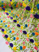 Multi-Color on White Mesh Mexican Sarape Fabric - Embroidered Colorful Flower Design Fabric By Yard