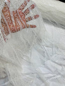 Wavy Leaf Lines Fabric - White - Beaded Sequins Leaf Pattern Embroidered On Mesh By Yard