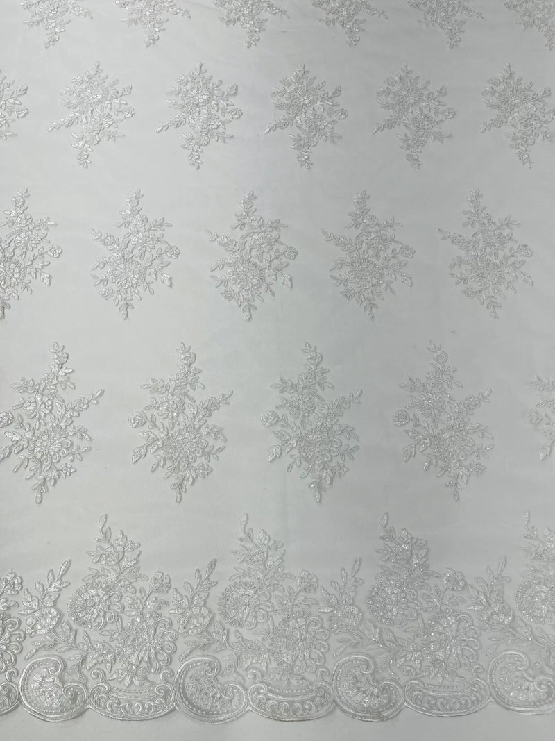 Flower Lace Sequins Fabric - White - Embroidered Floral Pattern Fabric with Sequins on Lace By Yard