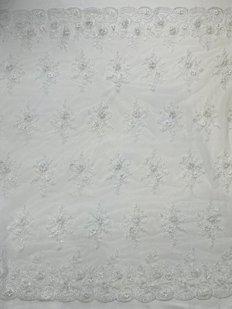 3D Floral Valentina Lace Fabric - White - Sequins and Beads on Flower Design Fabric By Yard