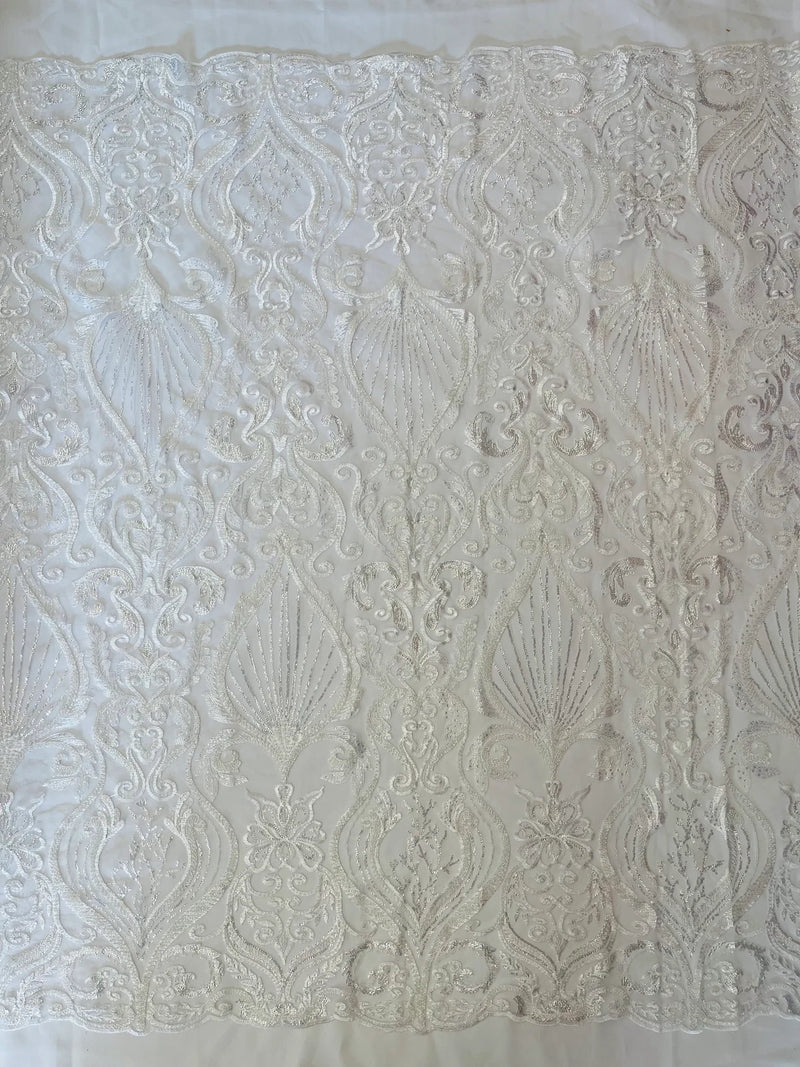 Leaf Damask Bead Fabric - White - Embroidered Sequins Heavy Beaded Lace Fabric by Yard