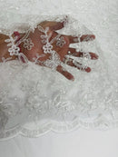 Metallic Floral Butterfly Fabric - White  - Embroidered Floral Butterfly Design Mesh Fabric by Yard