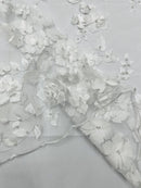 Floral 3D Pearl Fabric - White - Embroidered Double Border Flower Design Pearl Fabric By Yard
