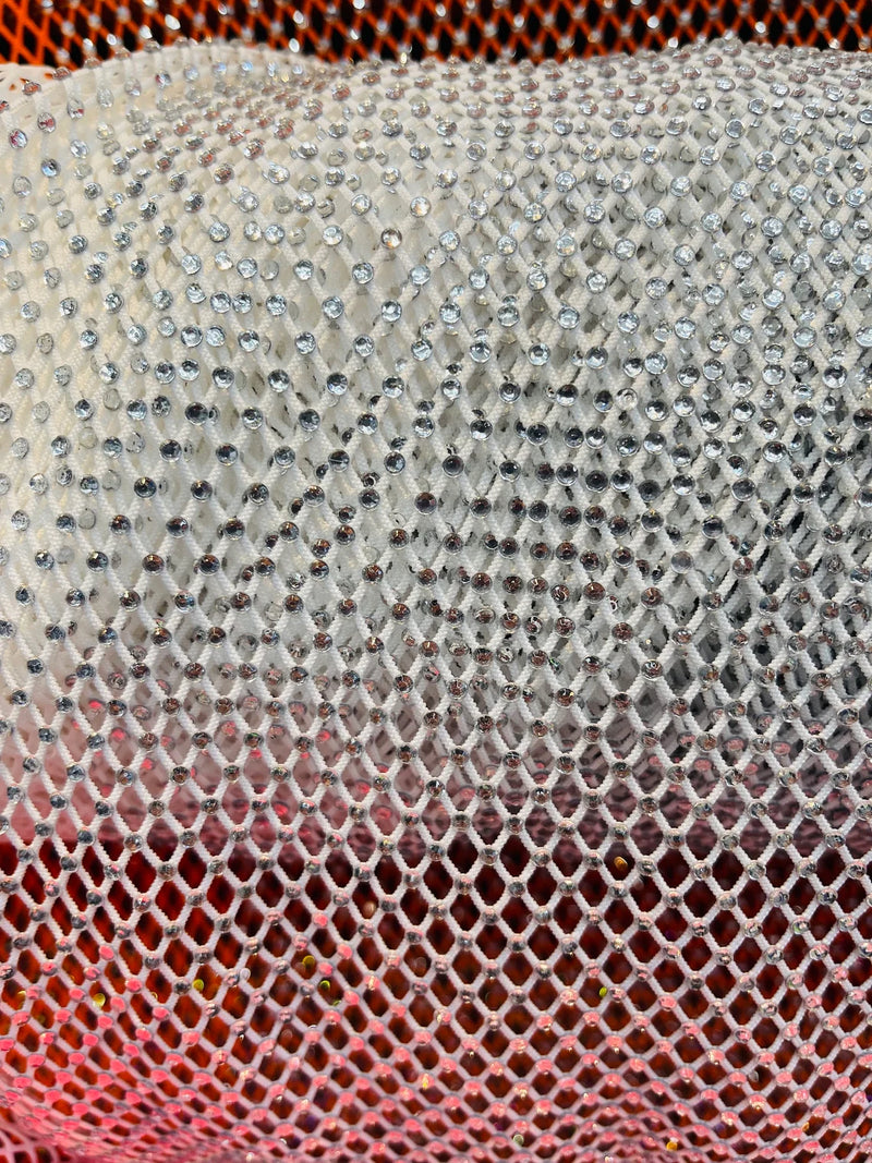 Fishnet Clear Rhinestones Fabric - White - Spandex Fabric Fish Net with Crystal Stones by Yard