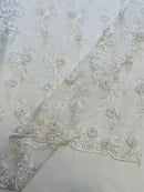 3D Floral Cluster with Border Lace - White - Flower with Leaves Design 3D Fabrics Sold By Yard