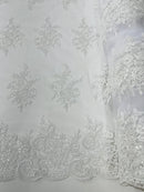 Flower Lace Sequins Fabric - White - Embroidered Floral Pattern Fabric with Sequins on Lace By Yard