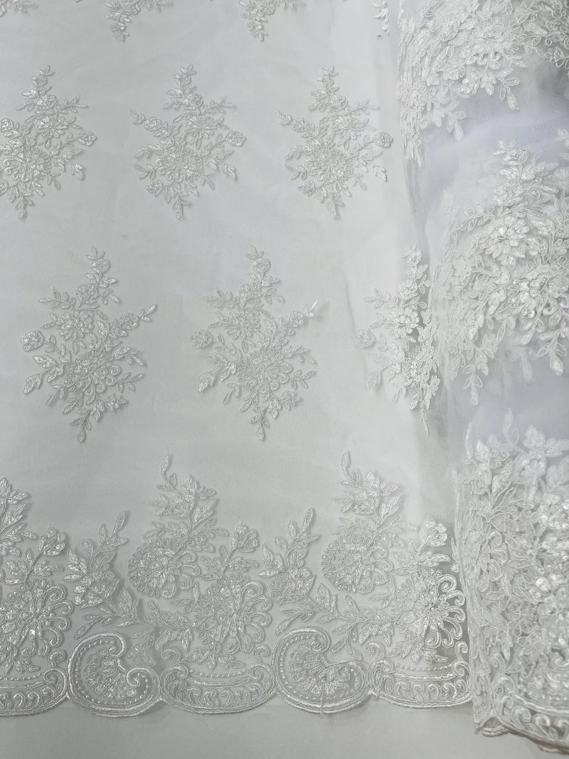 Flower Lace Sequins Fabric - White - Embroidered Floral Pattern Fabric with Sequins on Lace By Yard