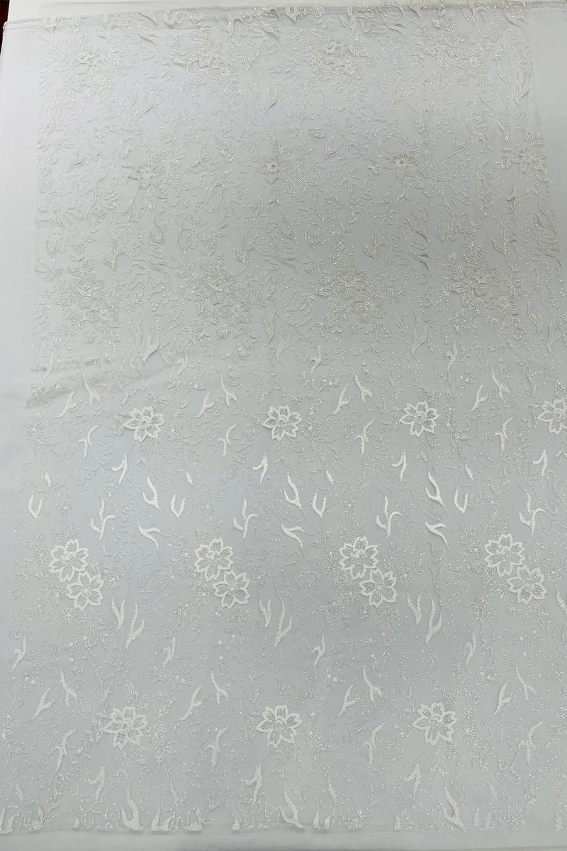 Floral Glitter Design Fabric -  White - 3D Glitter Tulle Flower Plant Design Fabric By Yard