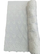 Embroidered Bead Fabric - White - Floral Damask Bead Bridal Lace Fabric by the yard