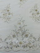 3D Rhinestone Flower Fabric - White - 3D Flower Beaded Clusters with Sequins and Rhinestones By Yard