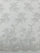 Floral Cluster Corded Fabric - White - Fancy Flower Embroidery Lace Mesh Fabric By Yard