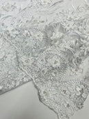 3D Floral Leaf Line Panels - White - 3D Embroidered Flower Lines with Pearls on Lace By Yard