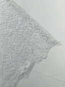 Damask Fancy Design - White - Embroidered Mesh Damask Design Lace Fabric Sold by Yard