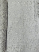 Flower Lines Bead Fabric - White - Beaded Flower Fabric with Curled Long Lines Pattern By Yard