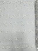 3D Flower Pearl Design - White - Embroidered Sequins Floral Clusters Lace Fabric By Yard