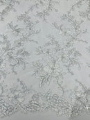 Floral Two Tone Lace Fabric - White - Sequins Embroidery Floral Lace Fabric Sold By Yard