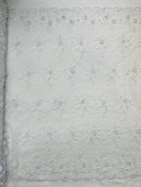 3D Floral Valentina Lace Fabric - White - Sequins and Beads on Flower Design Fabric By Yard