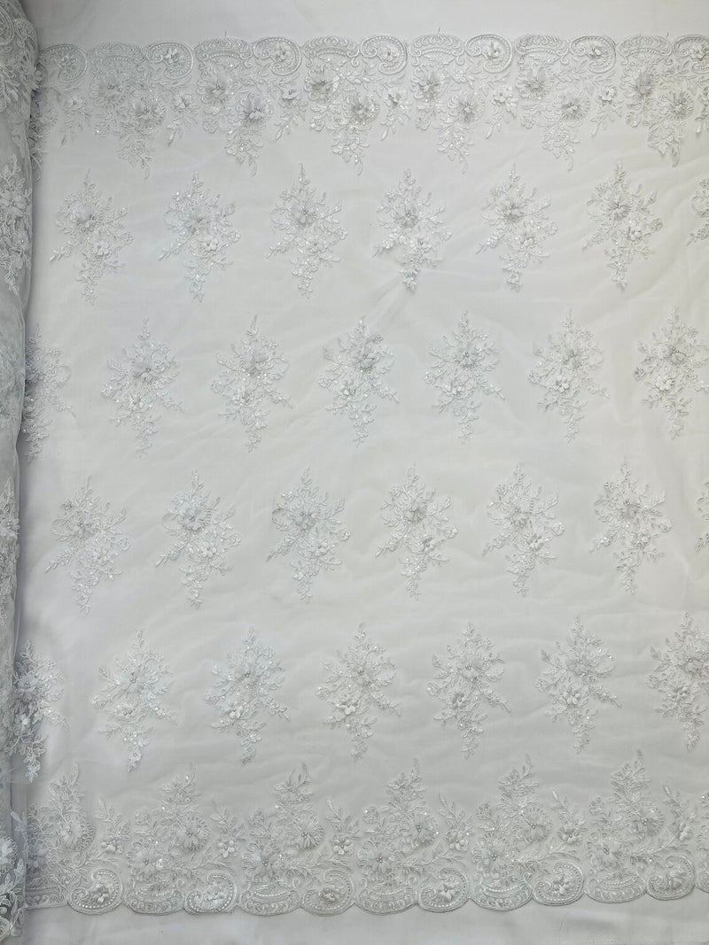 3D Floral Valentina Lace Fabric - White - Sequins and Beads on Flower Design Fabric By Yard