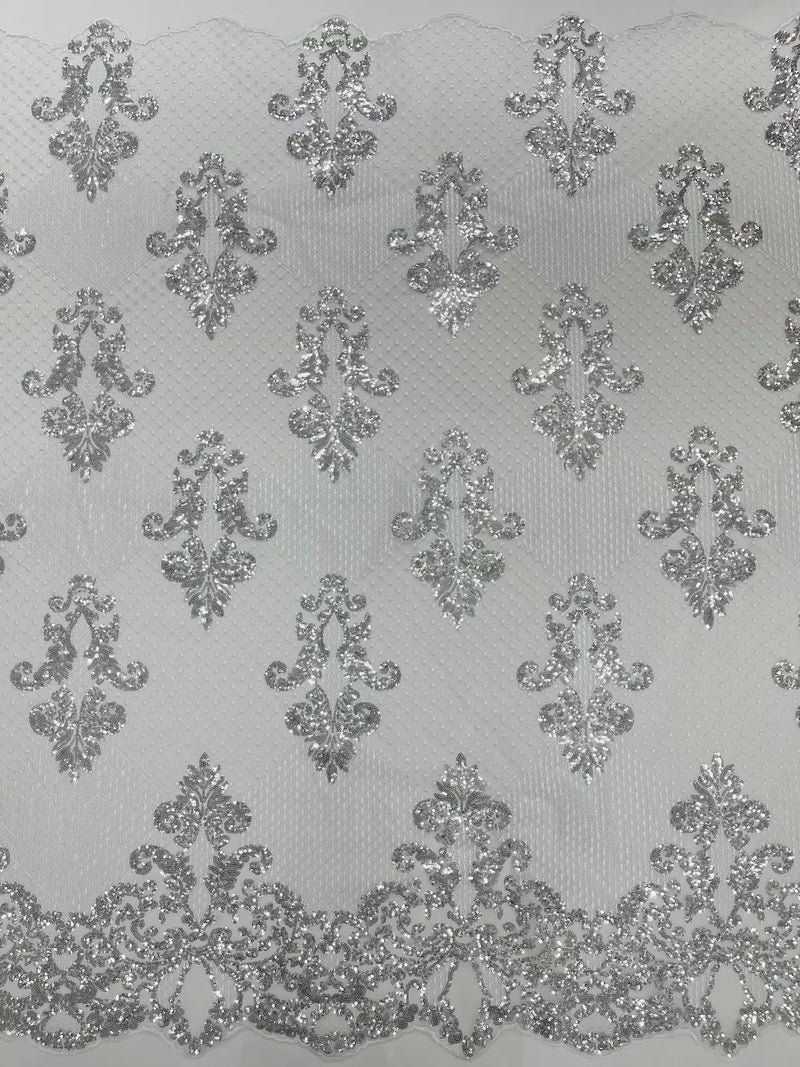 King Damask Lace Fabric - Corded Embroidery with Sequins on Mesh Lace Fabric By Yard