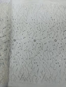 Floral & Leaf Pattern Bead Fabric - White - Embroidered Beaded Rhinestone on a Mesh, Sold By Yard