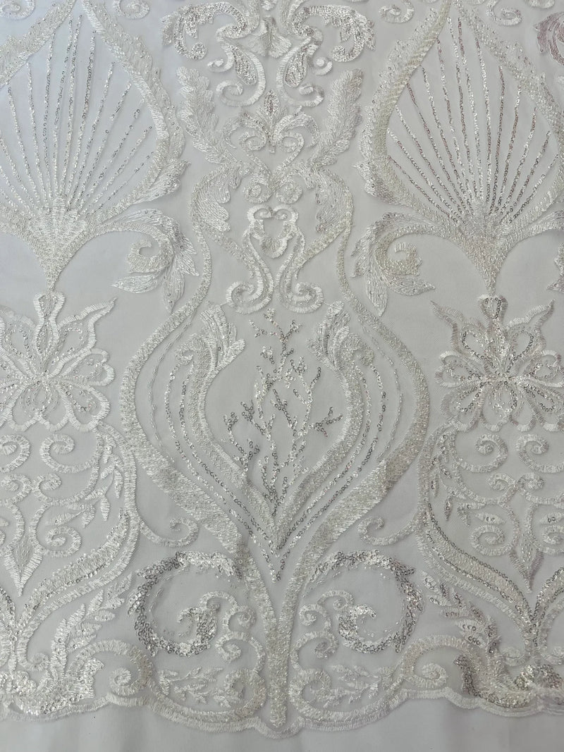 Leaf Damask Bead Fabric - White - Embroidered Sequins Heavy Beaded Lace Fabric by Yard