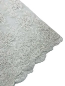 Damask Flower Lace Fabric - White - Damask Flowers Embroidered on Lace Fabric By Yard