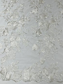 Rose Plant Design Sequins Fabric - White - Embroidered Sequins Rose Pattern on Lace By Yard