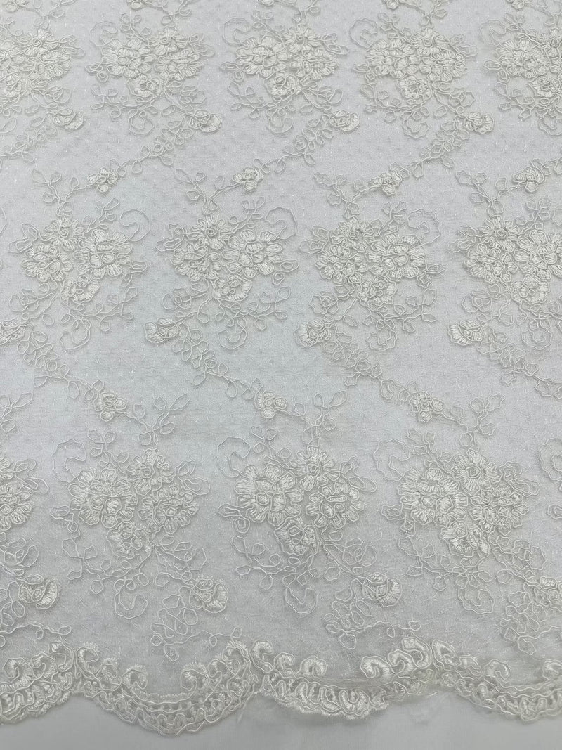 Jasmine Flower Fabric - White - Embroidered Floral Design Lace Mesh Bridal Fabric By Yard