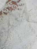 My Lady Beaded Fabric - White - Damask Beaded Sequins Embroidered Fabric By Yard