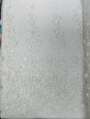 3D Glitter Floral Fabric - White - Glitter Sequin Flower Design on Lace Mesh Fabric by Yard