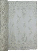 Beaded Floral Fabric - White - Luxury Bridal Floral Pattern Fabric With Beads, Sequins Sold By Yard