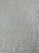 Flower Lines Bead Fabric - White - Beaded Flower Fabric with Curled Long Lines Pattern By Yard