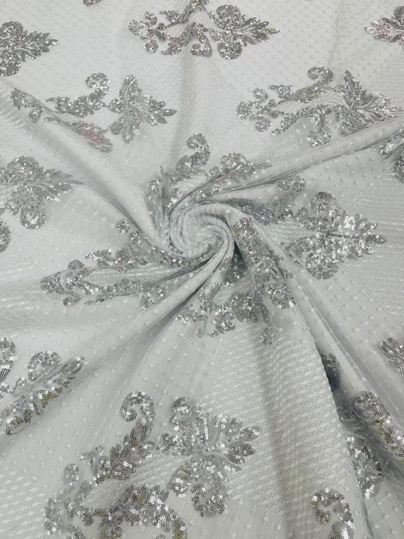 King Damask Lace Fabric - Corded Embroidery with Sequins on Mesh Lace Fabric By Yard