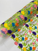 Multi-Color on White Mesh Mexican Sarape Fabric - Embroidered Colorful Flower Design Fabric By Yard