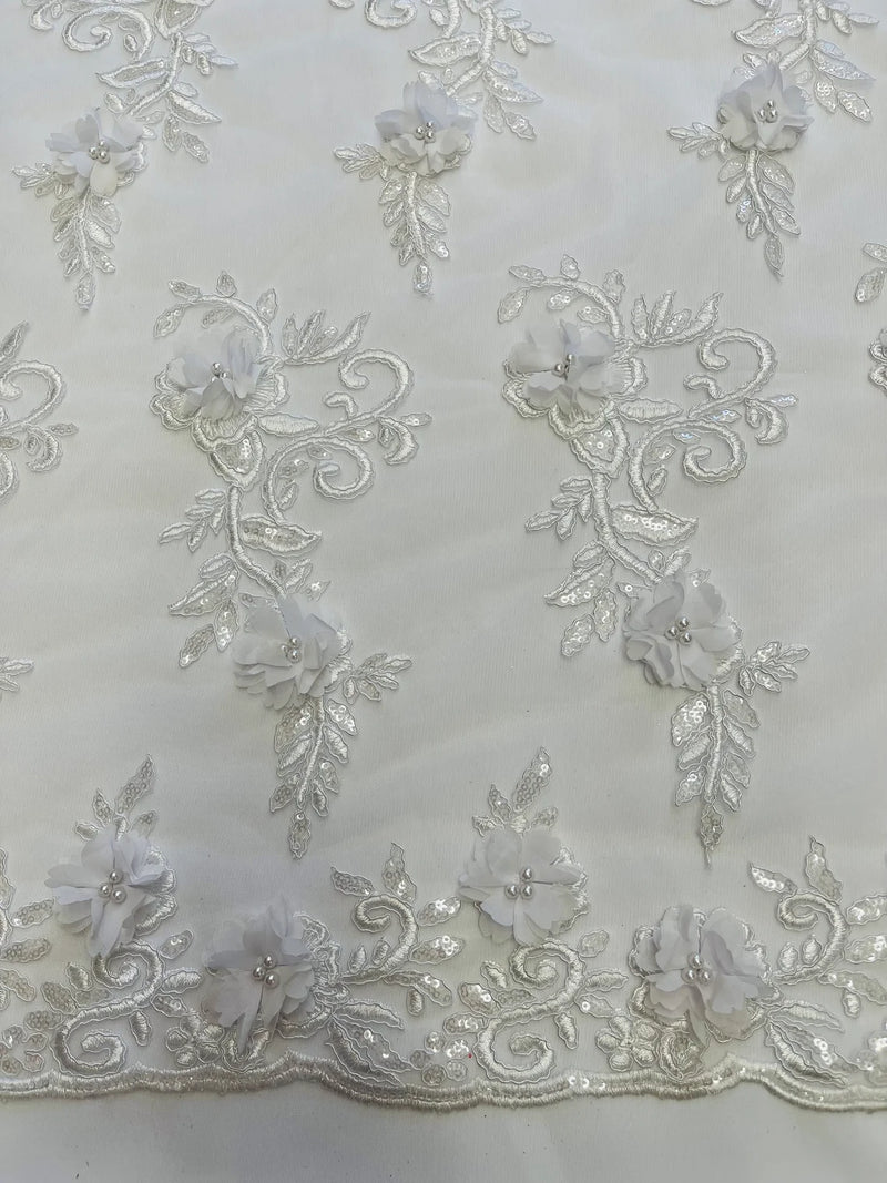 3D Floral Cluster with Border Lace - White - Flower with Leaves Design 3D Fabrics Sold By Yard