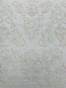 My Lady Beaded Fabric - White - Damask Beaded Sequins Embroidered Fabric By Yard