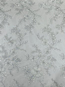 Floral Two Tone Lace Fabric - White - Sequins Embroidery Floral Lace Fabric Sold By Yard