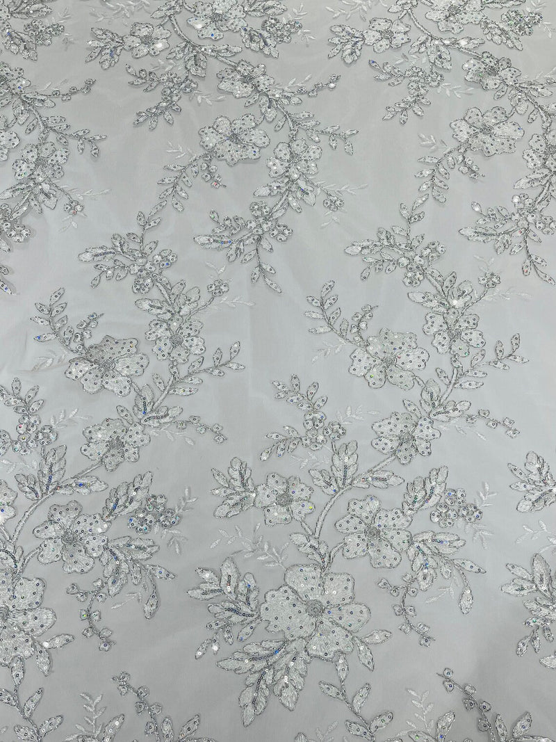 Floral Two Tone Lace Fabric - White - Sequins Embroidery Floral Lace Fabric Sold By Yard