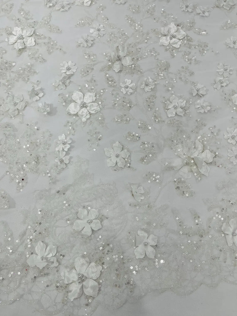 3D Glitter Floral Fabric - White - Glitter Sequin Flower Design on Lace Mesh Fabric by Yard