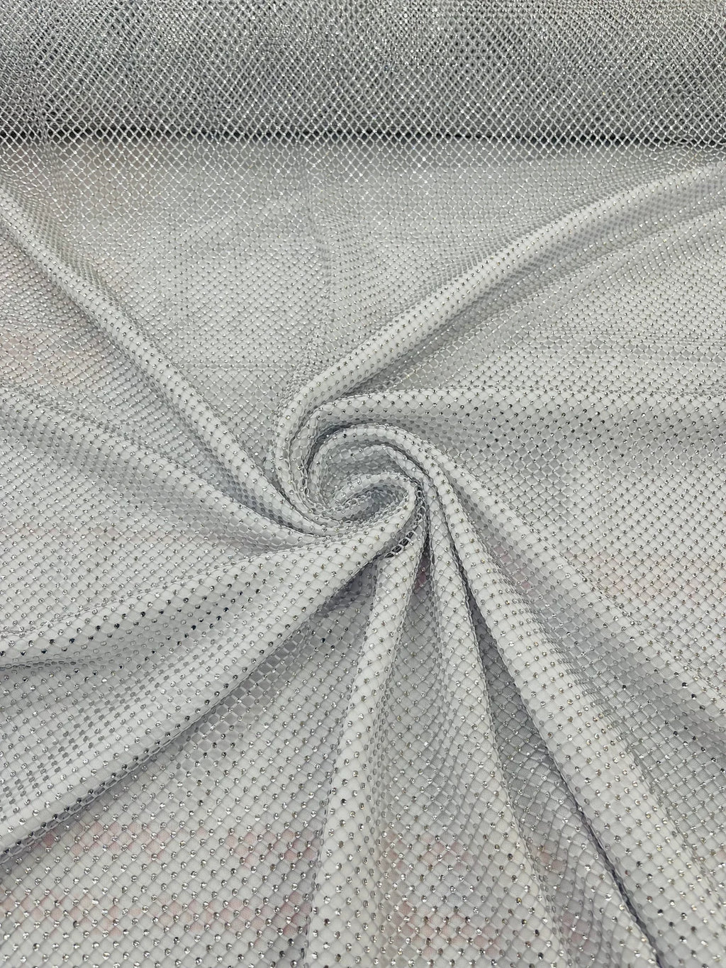 clear fish net Fishnet Clear Rhinestones Fabric - White